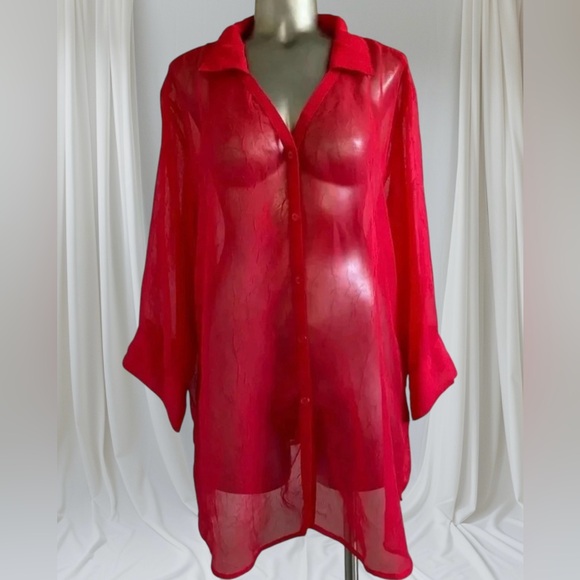 ✅➕size Red Sheer Button Down  Blouse - Picture 5 of 15